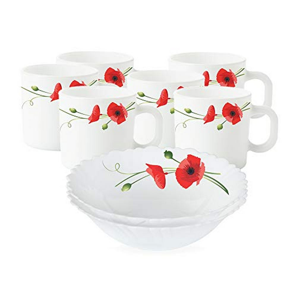Larah by Borosil Red Carnation Snack Set w Mugs