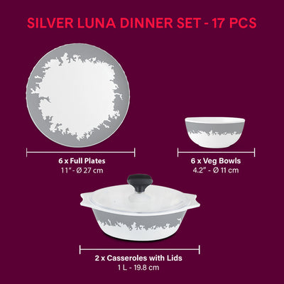Larah by Borosil Daily Delight - Silver Luna 6 Full Plates + 6 Veg Bowls + 2 Opal Casseroles + 2 Plastic Lid