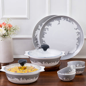 Larah by Borosil Daily Delight - Silver Luna 6 Full Plates + 6 Veg Bowls + 2 Opal Casseroles + 2 Plastic Lid