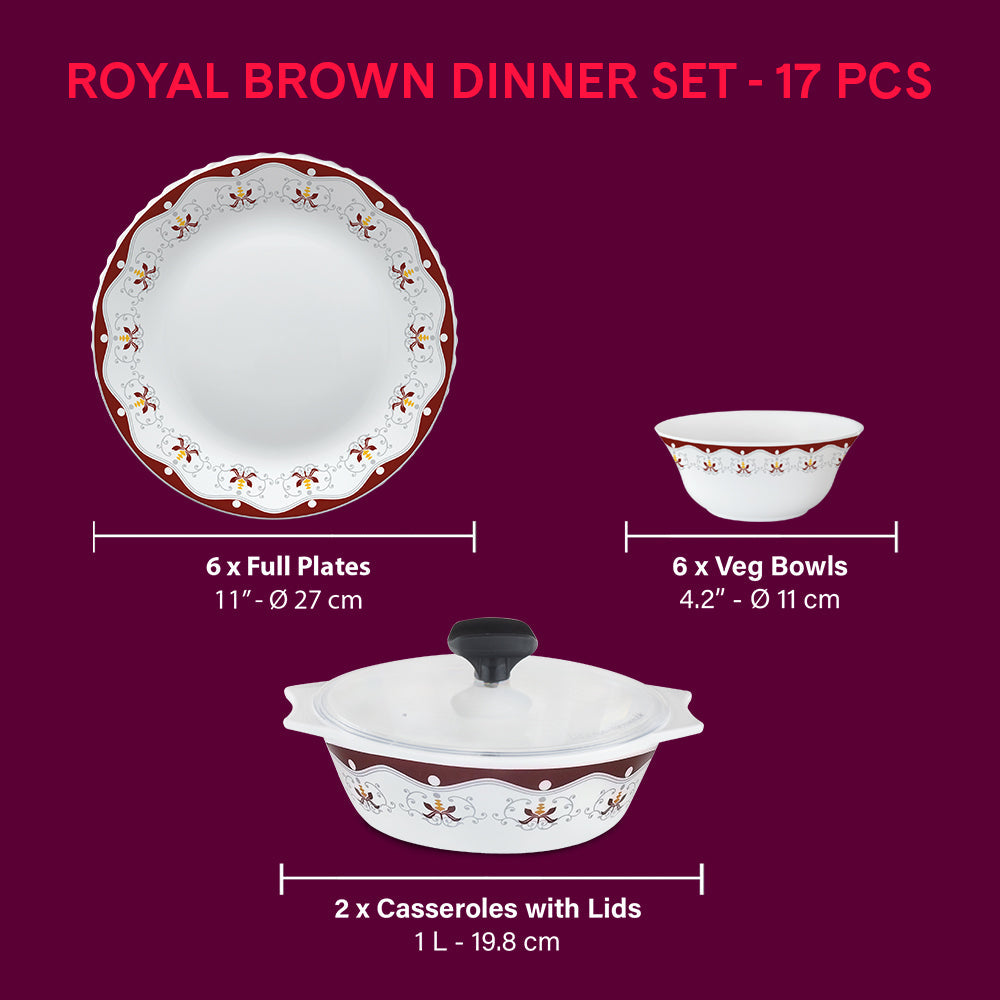 Larah by Borosil Home Chef Set - Royal Brown 6 Full Plates + 6 Veg Bowls + 2 Opal Casseroles + 2 Plastic Lid