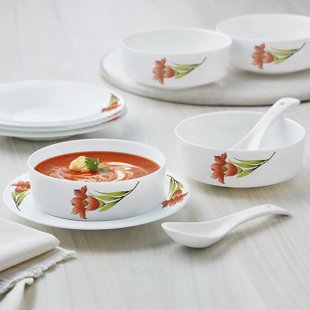 Larah by Borosil Red Iris Soup Bowl w Saucer Set