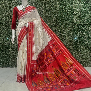White Red Shree Mandir Theme Sambalpuri Ikat  Silk Saree