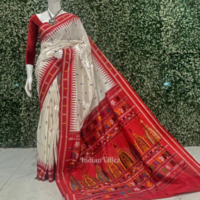 White Red Shree Mandir Theme Sambalpuri Ikat  Silk Saree