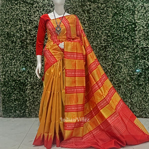 Golden Red Fish Motif Double Pallu Berhampuri Silk Saree