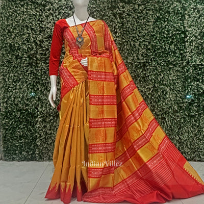 Golden Red Fish Motif Double Pallu Berhampuri Silk Saree