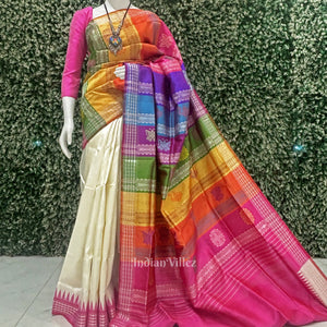 Off White Fish Motif Double Pallu Berhampuri Patta Saree