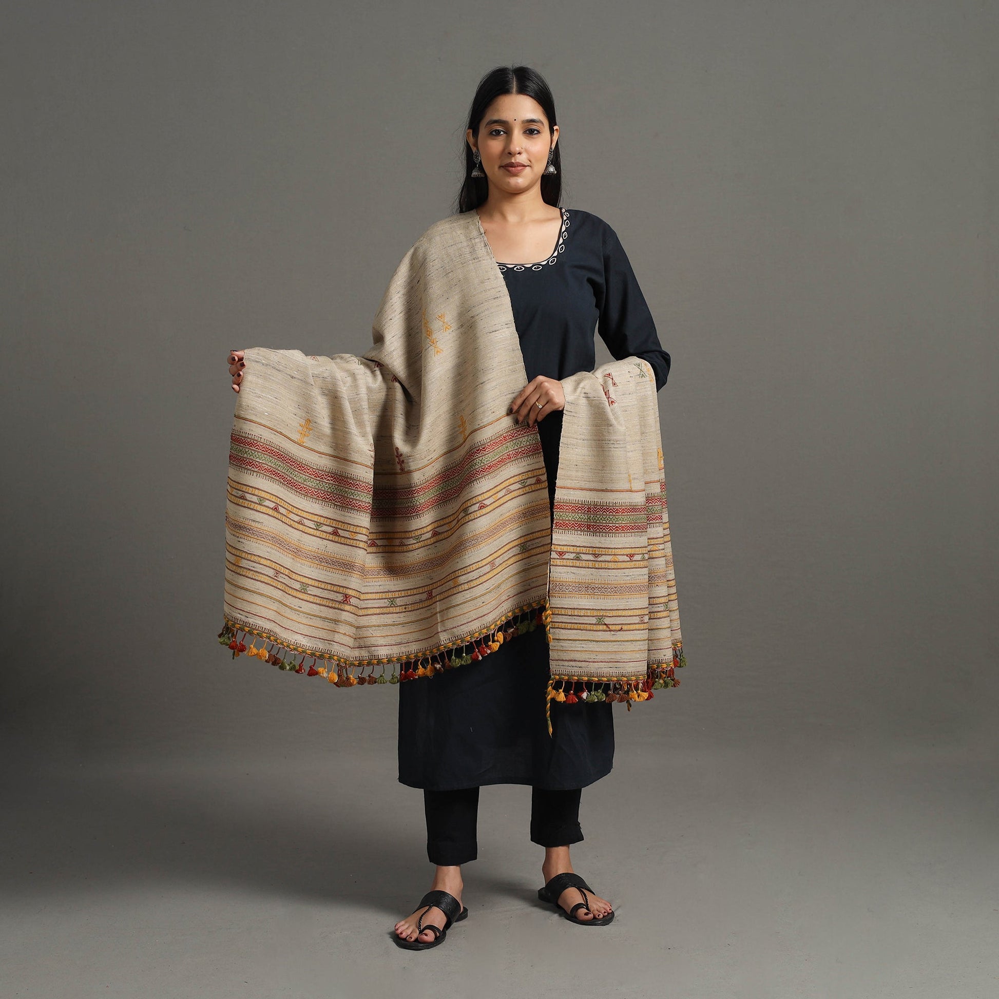 Brown - Kutch Embroidery Handwoven Silk x Woolen Shawl 35