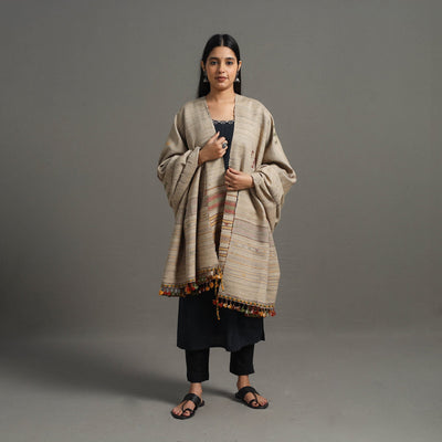 Brown - Kutch Embroidery Handwoven Silk x Woolen Shawl 35