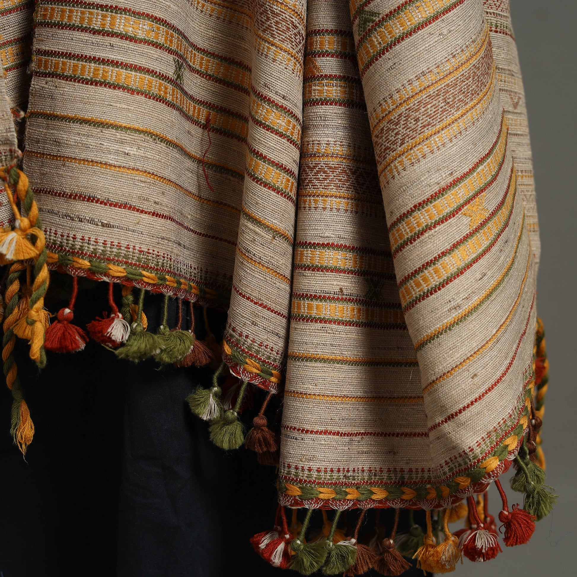Brown - Kutch Embroidery Handwoven Silk x Woolen Shawl 35