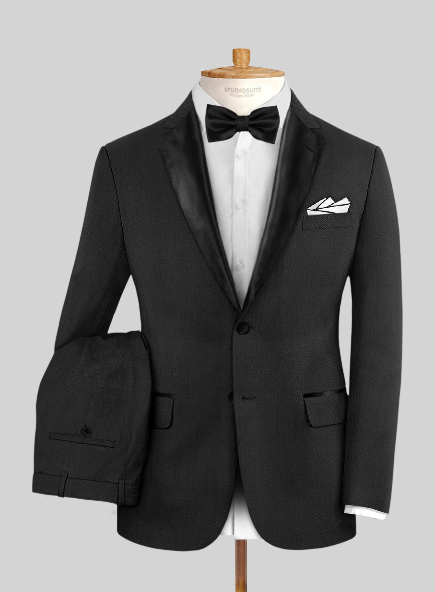 Napolean Imperial Black Herringbone Wool Tuxedo Suit