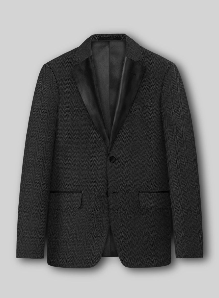 Napolean Imperial Black Herringbone Wool Tuxedo Suit