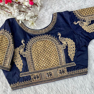 Navy Blue Handcrafted Sequence Blouse in Watermelon Silk – Perfect Fit for Any Occasion