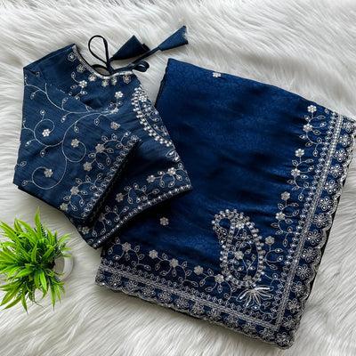 Navy Blue Soft Silk Saree with Elegant Rubber Weaving & Heavy Embroidery Work