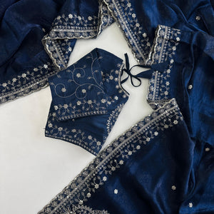 Navy Blue Soft Silk Saree with Elegant Rubber Weaving & Heavy Embroidery Work