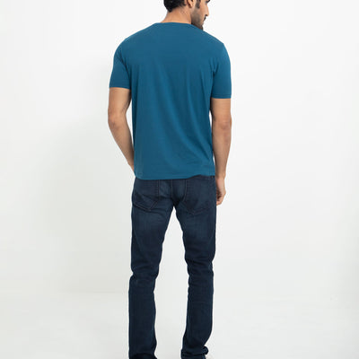 Rare Rabbit Men's Alanet Teal Crew Neck Foil HD Print Branding Half Sleeves Regular Fit T-Shirt