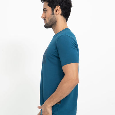 Rare Rabbit Men's Alanet Teal Crew Neck Foil HD Print Branding Half Sleeves Regular Fit T-Shirt