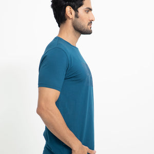 Rare Rabbit Men's Alanet Teal Crew Neck Foil HD Print Branding Half Sleeves Regular Fit T-Shirt