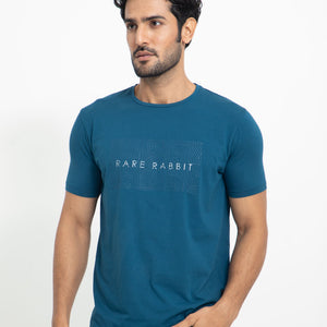 Rare Rabbit Men's Alanet Teal Crew Neck Foil HD Print Branding Half Sleeves Regular Fit T-Shirt