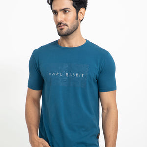 Rare Rabbit Men's Alanet Teal Crew Neck Foil HD Print Branding Half Sleeves Regular Fit T-Shirt