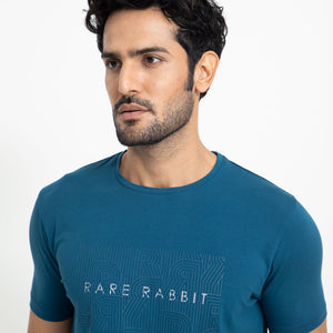Rare Rabbit Men's Alanet Teal Crew Neck Foil HD Print Branding Half Sleeves Regular Fit T-Shirt