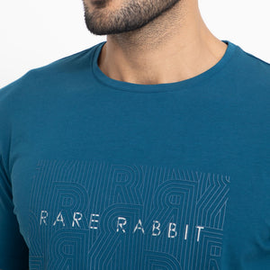 Rare Rabbit Men's Alanet Teal Crew Neck Foil HD Print Branding Half Sleeves Regular Fit T-Shirt