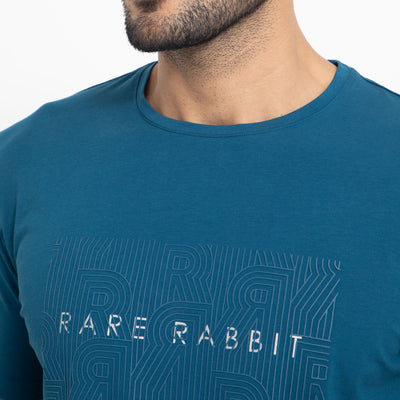 Rare Rabbit Men's Alanet Teal Crew Neck Foil HD Print Branding Half Sleeves Regular Fit T-Shirt