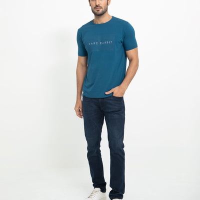 Rare Rabbit Men's Alanet Teal Crew Neck Foil HD Print Branding Half Sleeves Regular Fit T-Shirt