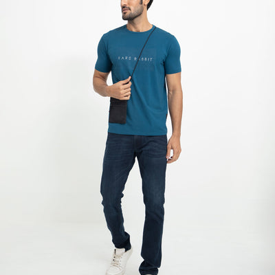 Rare Rabbit Men's Alanet Teal Crew Neck Foil HD Print Branding Half Sleeves Regular Fit T-Shirt