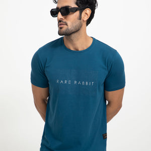 Rare Rabbit Men's Alanet Teal Crew Neck Foil HD Print Branding Half Sleeves Regular Fit T-Shirt