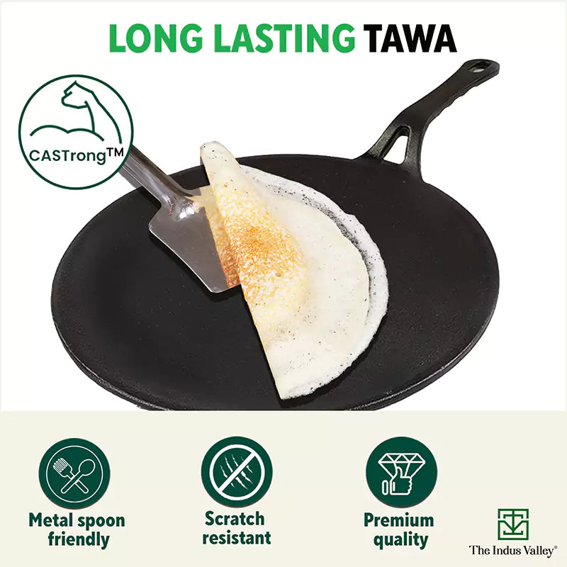 CASTrong Cast Iron Concave Tawa+Free ₹110 Spatula, Pre-seasoned, Nonstick, 100% Pure, Toxin-free, 25.4cm, 1.9kg