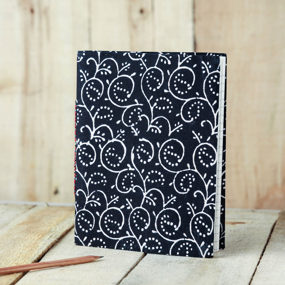 Black - Sanganeri Fabric Cover Handmade Paper Notebook (9 x 7 in)