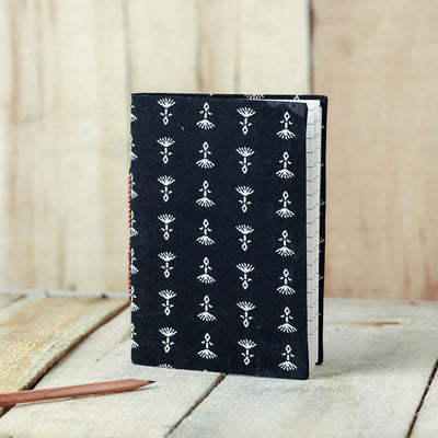 Black - Sanganeri Fabric Cover Handmade Paper Notebook (7 x 5 in)