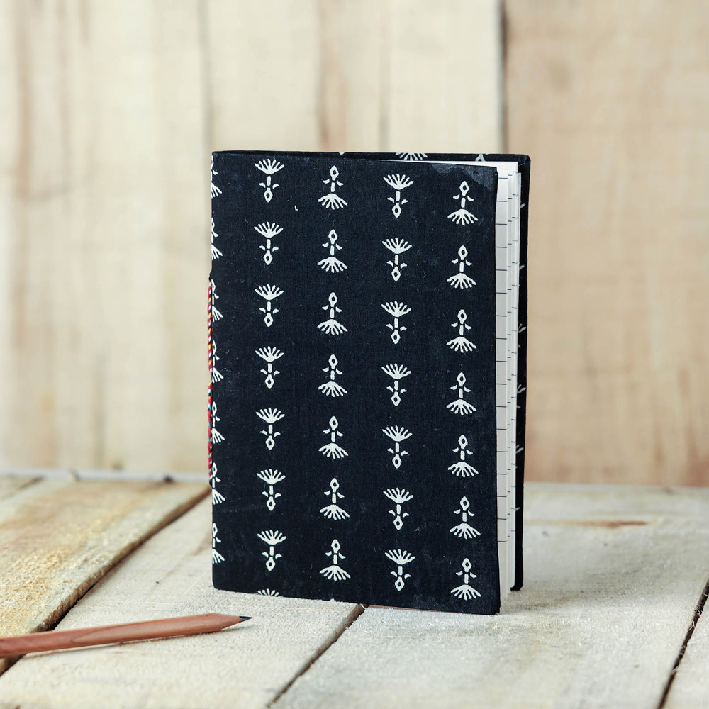 Black - Sanganeri Fabric Cover Handmade Paper Notebook (7 x 5 in)