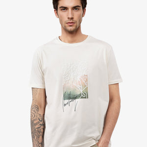Rare Rabbit Articale Mens Oak Off White Cotton Polyester Fabric Short Sleeve Crew Neck Regular Fit Printed T-Shirt