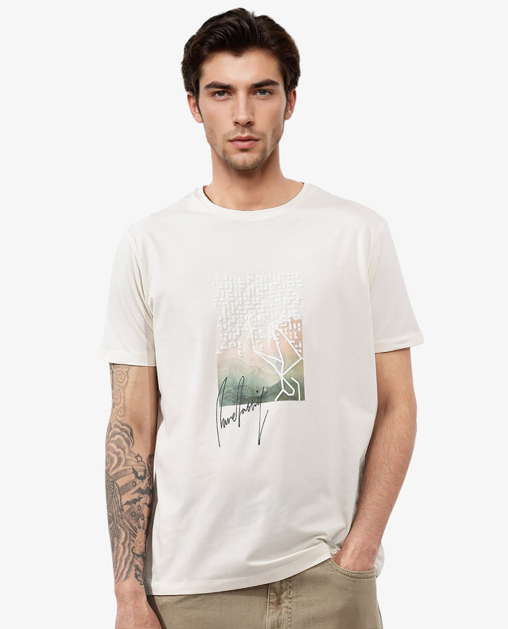 Rare Rabbit Articale Mens Oak Off White Cotton Polyester Fabric Short Sleeve Crew Neck Regular Fit Printed T-Shirt