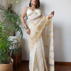 Off White Semi-Pure Organza Saree with Exquisite Lucknowi Work & Matching Blouse