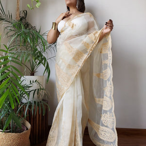 Off White Semi-Pure Organza Saree with Exquisite Lucknowi Work & Matching Blouse