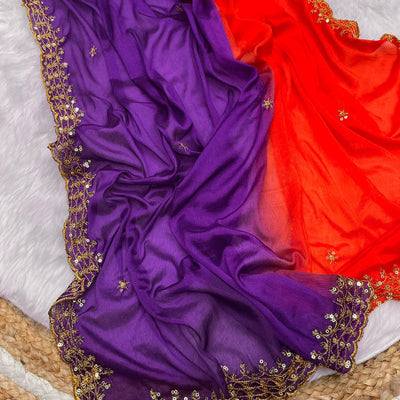 Orange and Blue Soft Hand-Dyed Chinnon Saree with Heavy Embroidery, Sequence, and Jari Work