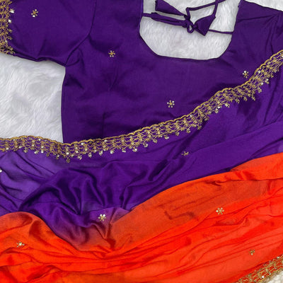 Orange and Blue Soft Hand-Dyed Chinnon Saree with Heavy Embroidery, Sequence, and Jari Work