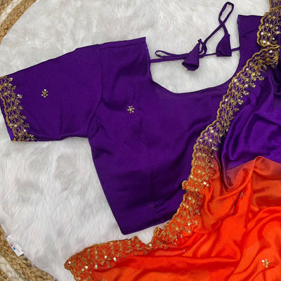 Orange and Blue Soft Hand-Dyed Chinnon Saree with Heavy Embroidery, Sequence, and Jari Work