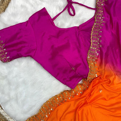 Orange and Pink Soft Hand-Dyed Chinnon Saree with Heavy Embroidery, Sequence, and Jari Work