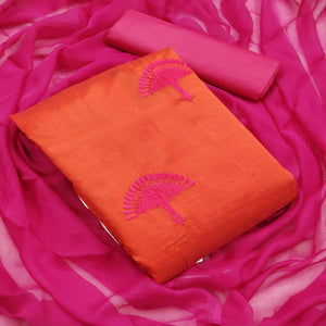Orange - Hot Pink Embroidered Chanderi Dress Material