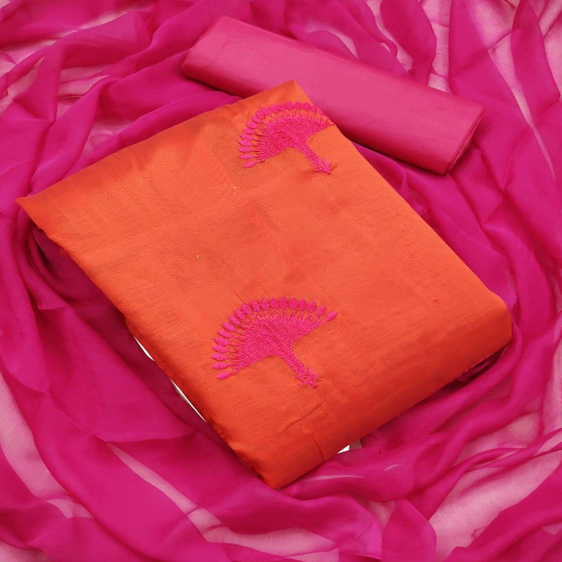 Orange - Hot Pink Embroidered Chanderi Dress Material
