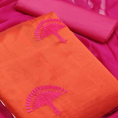 Orange - Hot Pink Embroidered Chanderi Dress Material
