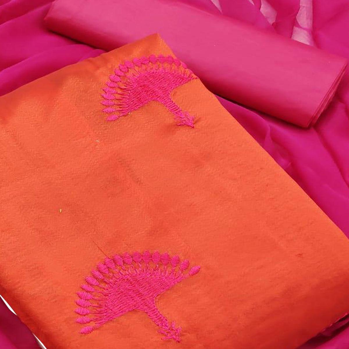Orange - Hot Pink Embroidered Chanderi Dress Material