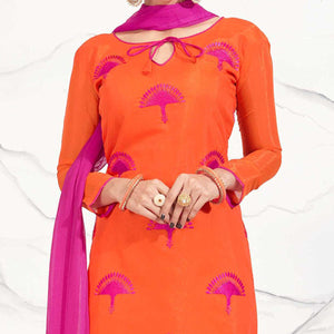 Orange - Hot Pink Embroidered Chanderi Dress Material