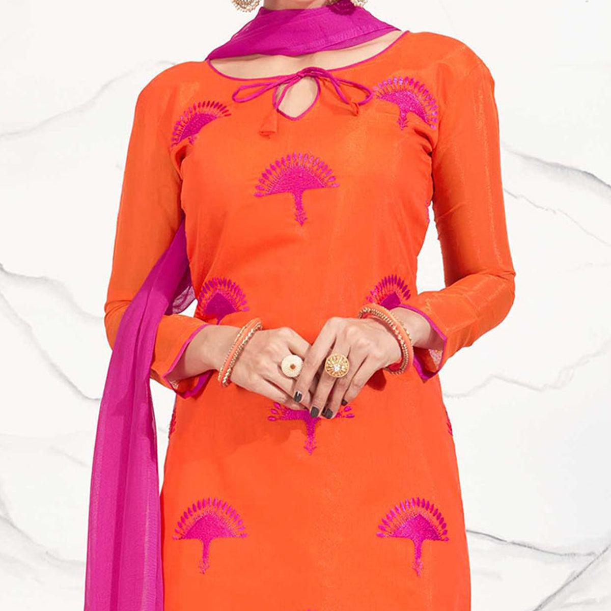 Orange - Hot Pink Embroidered Chanderi Dress Material