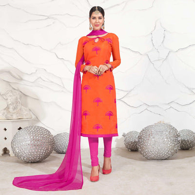 Orange - Hot Pink Embroidered Chanderi Dress Material