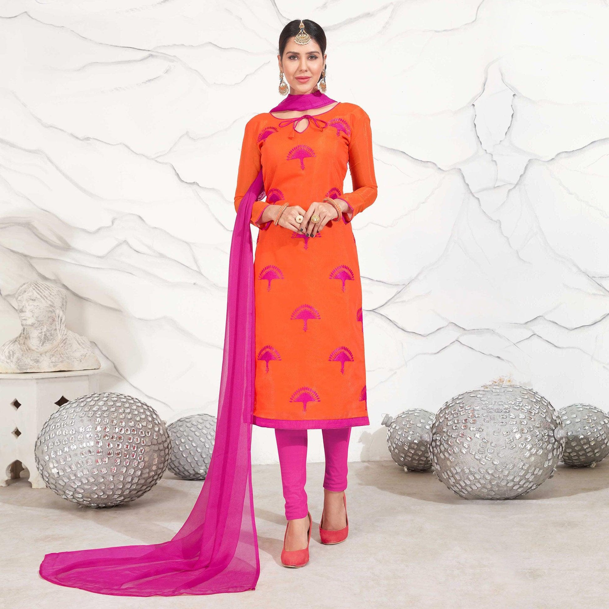 Orange - Hot Pink Embroidered Chanderi Dress Material