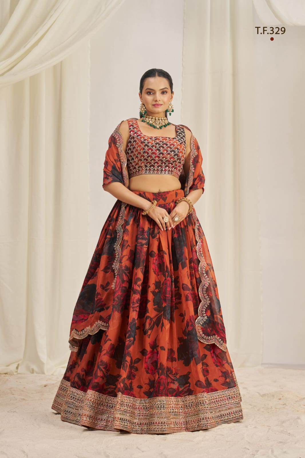 Orange Printed Organza Semi-Stitch Lehenga Choli with Zari, Dori, and Sequins Work
